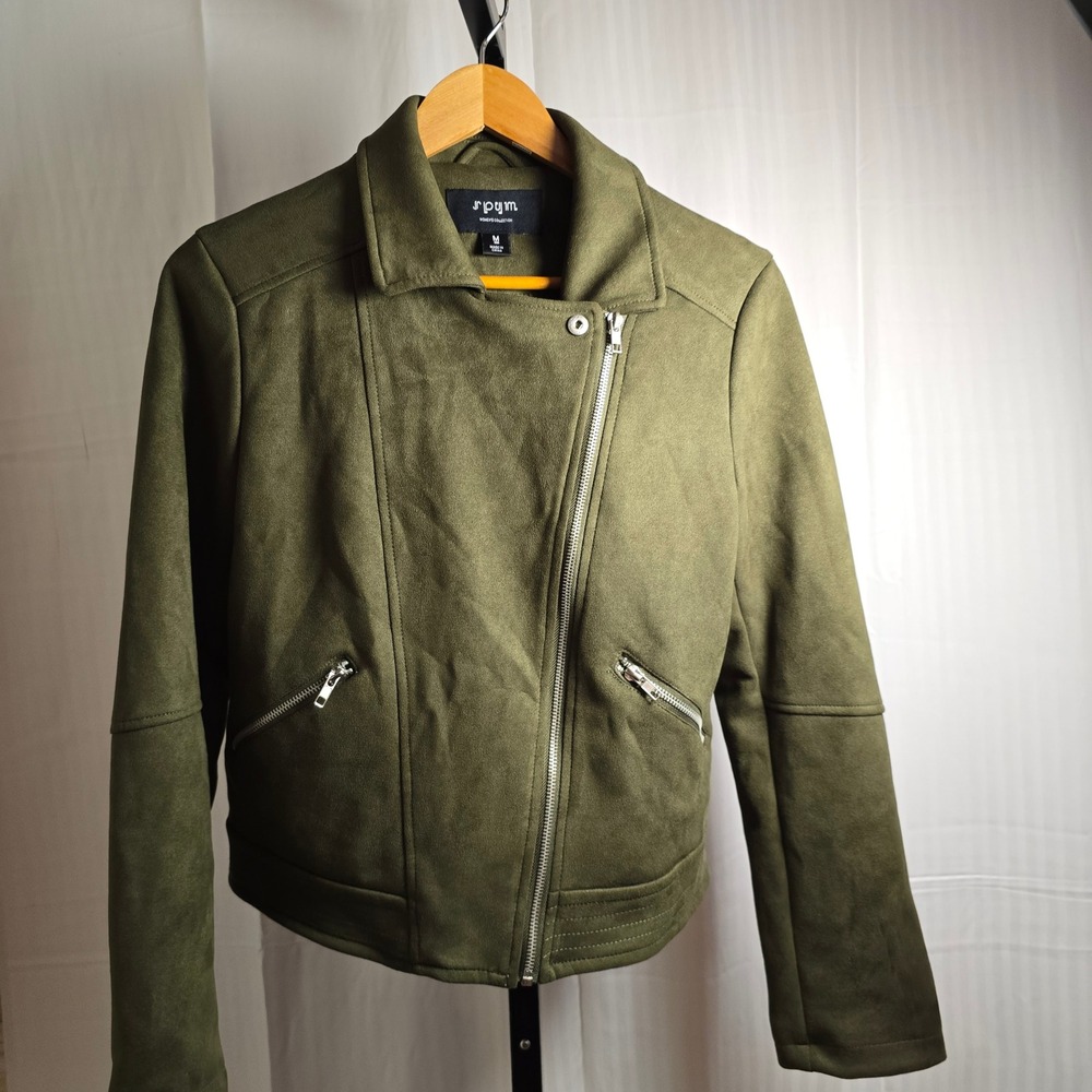 SPYM Women's M Collection Olive Green Thick Plush Moto Bikeresque Jacket Zippers - Picture 4 of 12